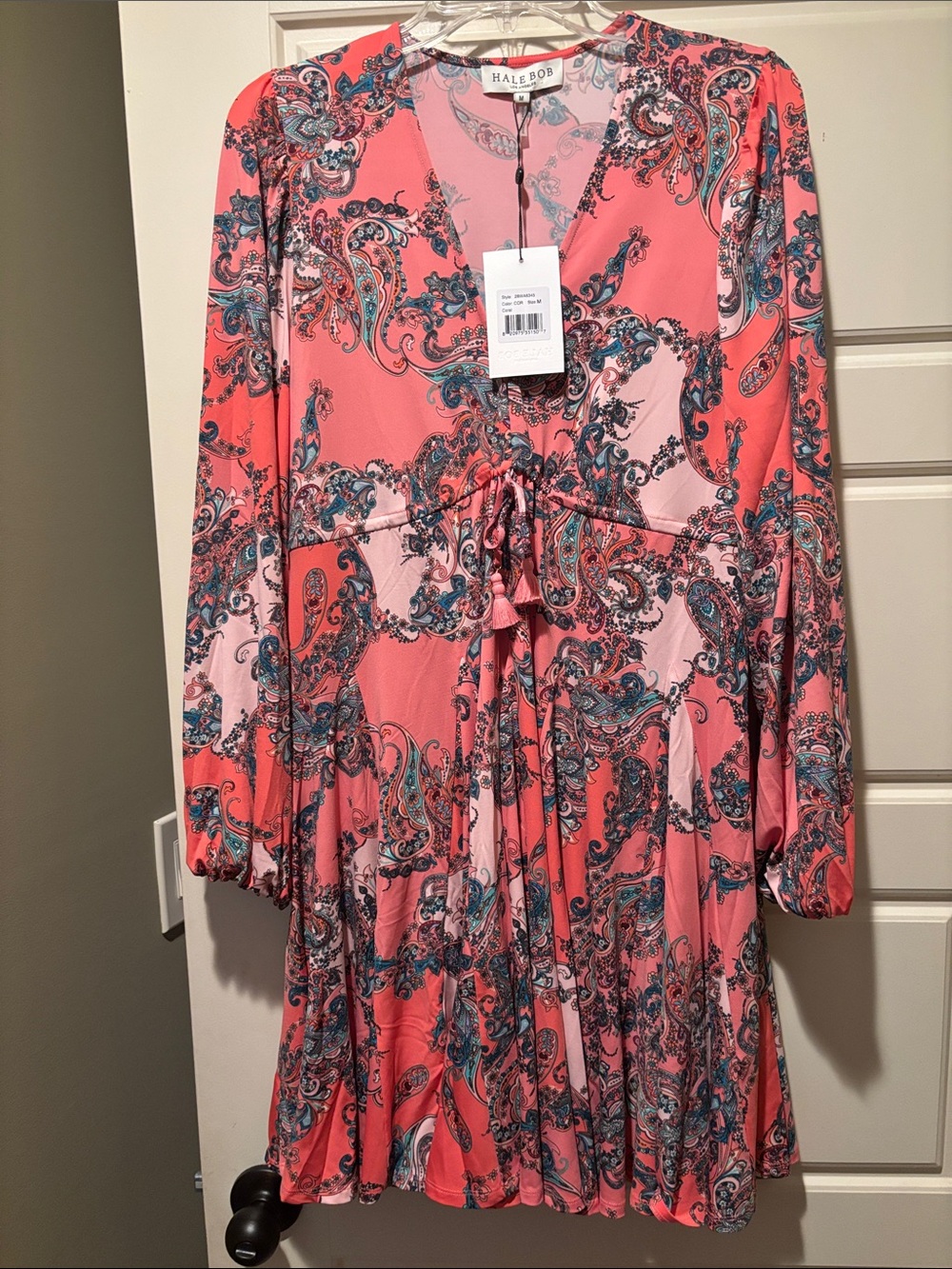 Hale Bob Coral Paisley V-Neck Tie-Waist Dress with Blue Accents